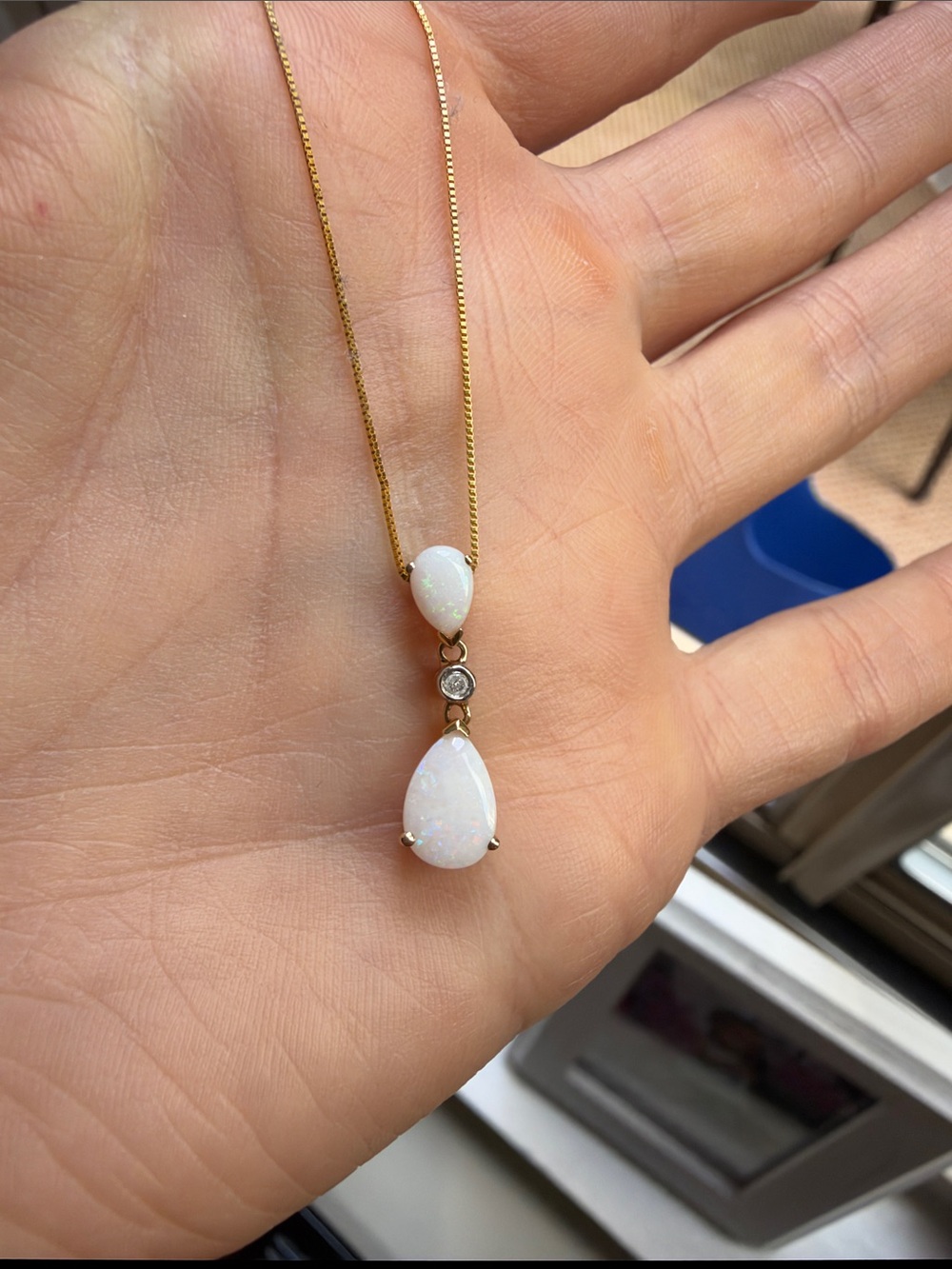 Gold Opal Teardrop Pendant Necklace - White Opal